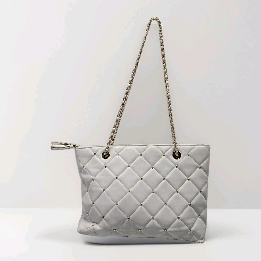 Vtg YS Luxury Quilted White Leather Large Shoulder Bag Tote GoldTone Chain Strap